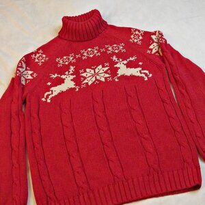 Lands End Womens Red Cable Knit Turtleneck Sweater Reindeer Snowflakes